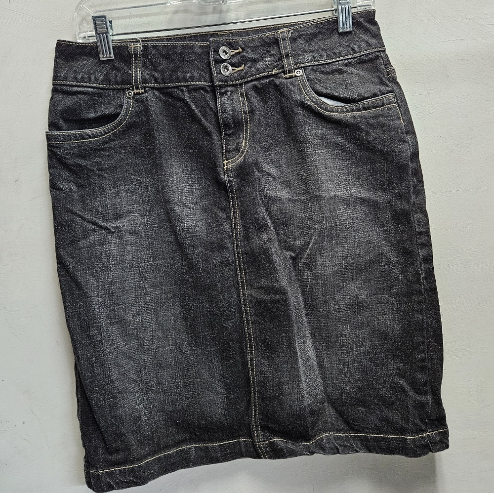 Liz & Co. dark blue denim stretchy jean midi skirt ~ womens size 6
